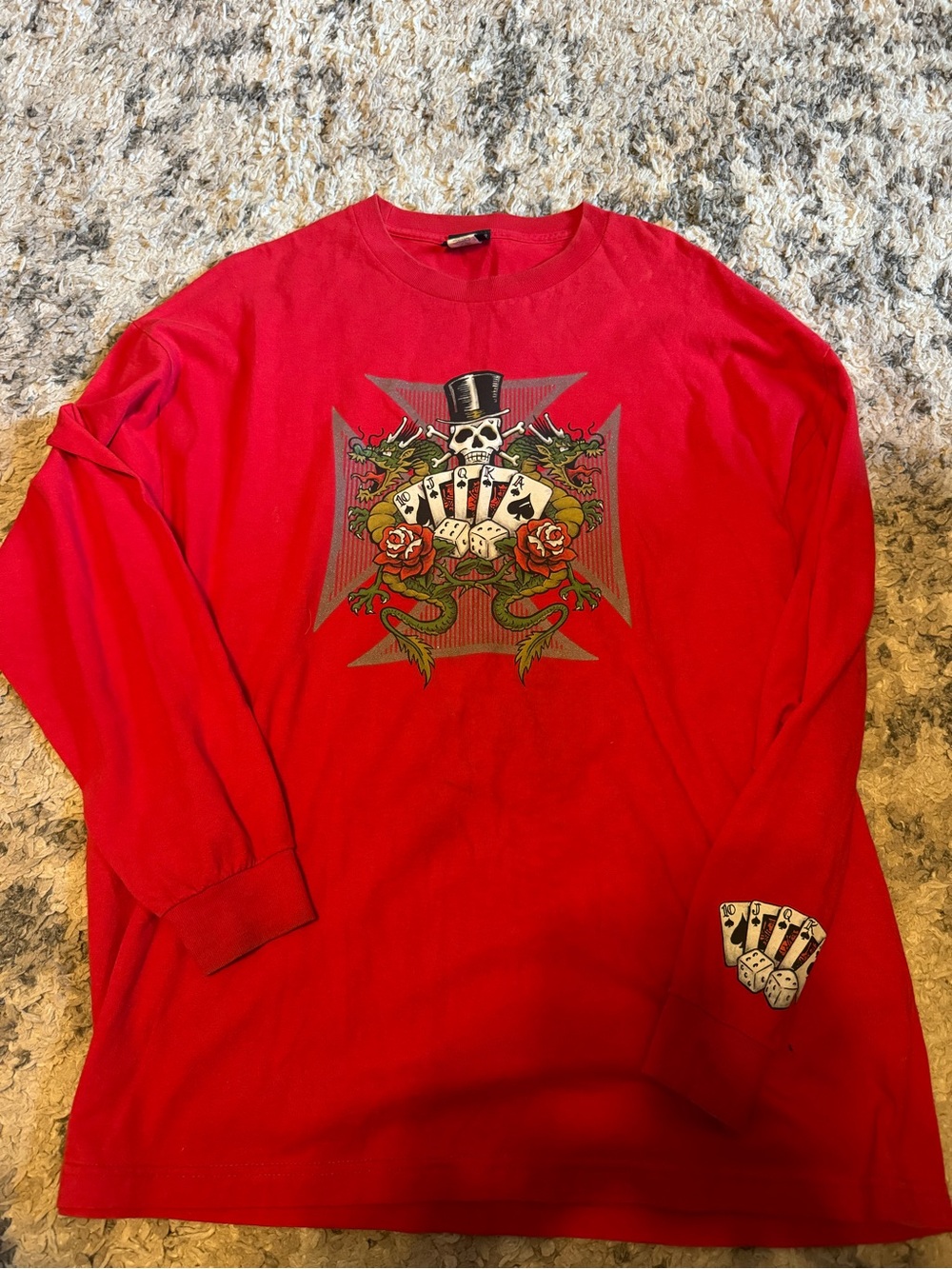 Vintage y2k extreme Long-Sleeve Men's Shirt with Skull & Playing Cards
